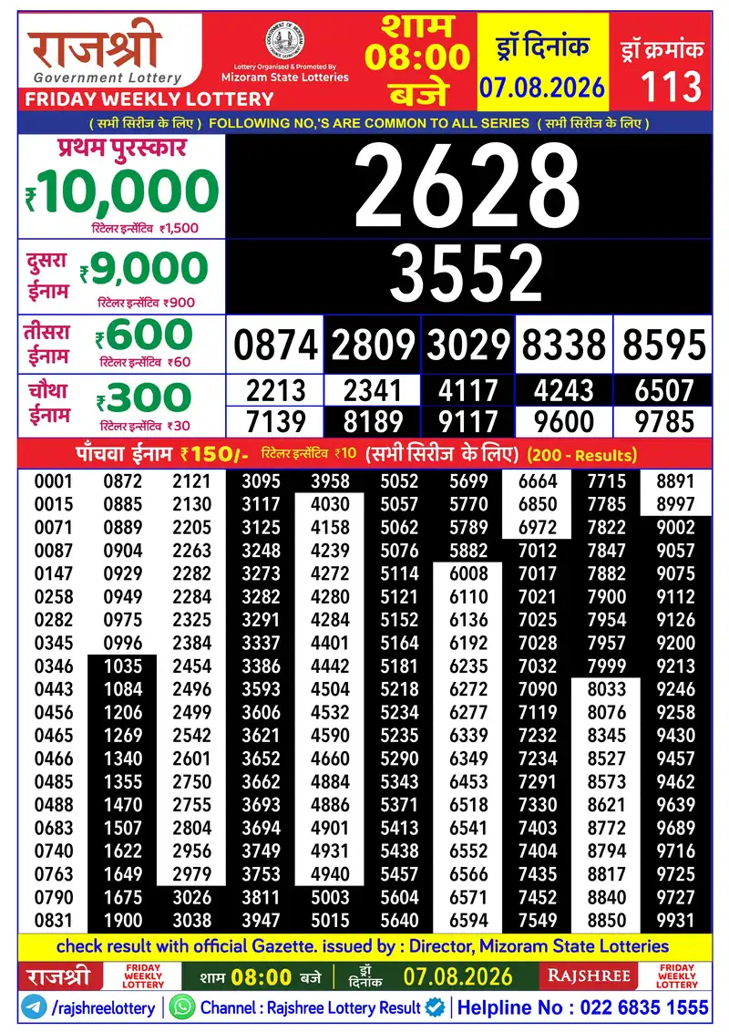 RAJSHREE FRIDAY WEEKLY LOTTERY Result 07 August 2026