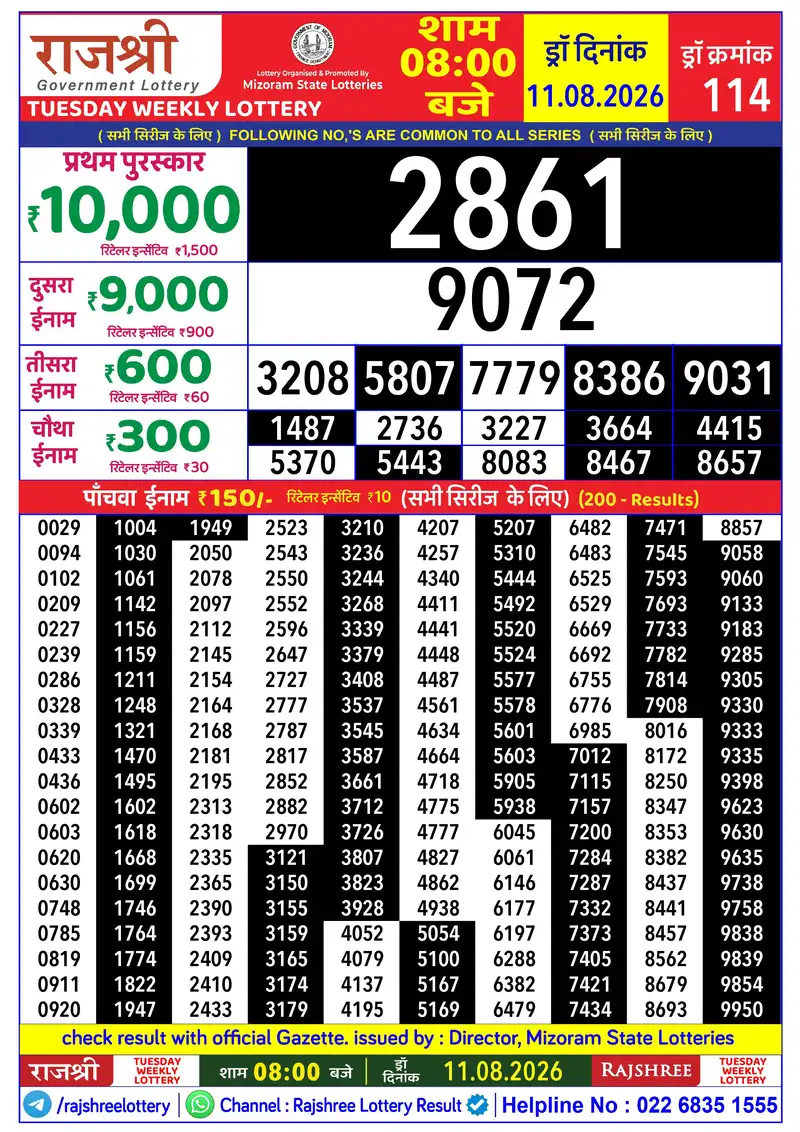 RAJSHREE TUESDAY WEEKLY LOTTERY Result 11 August 2026