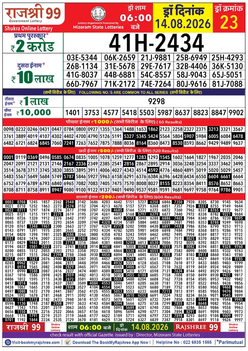 Rajshree 99 Result 14 August 2026