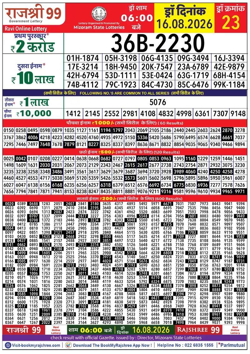 Rajshree 99 Result 16 August 2026