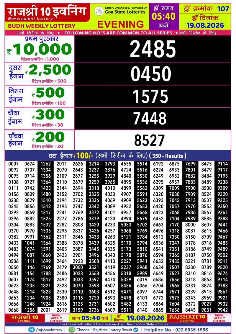 RAJSHREE 10 EVENING BUDH WEEKLY LOTTERY Result 19 August 2026