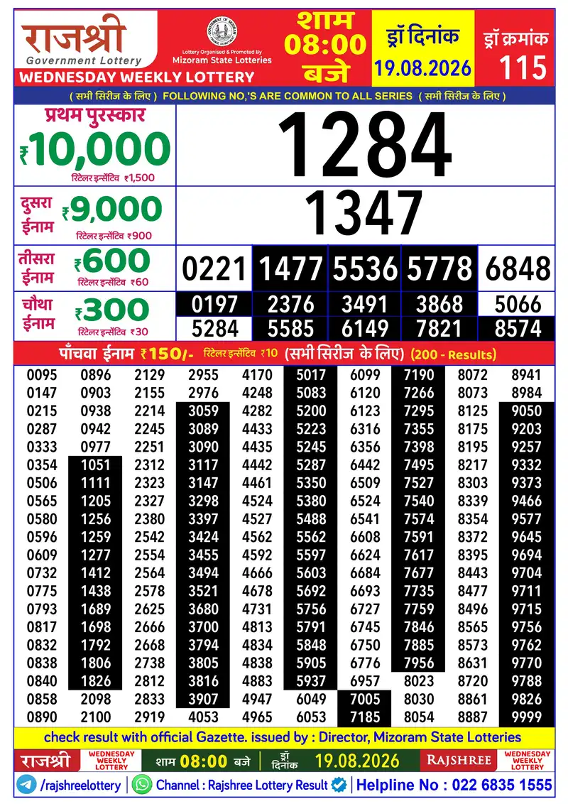 RAJSHREE WEDNESDAY WEEKLY LOTTERY Result 19 August 2026