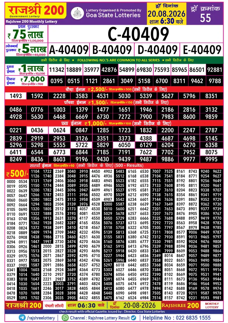 RAJSHREE 200 MONTHLY LOTTERY Result 20 August 2026