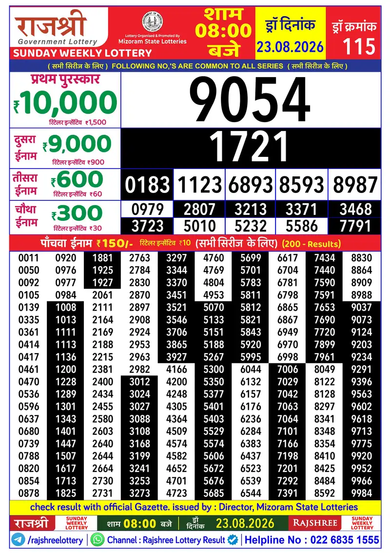 RAJSHREE SUNDAY WEEKLY LOTTERY Result 23 August 2026