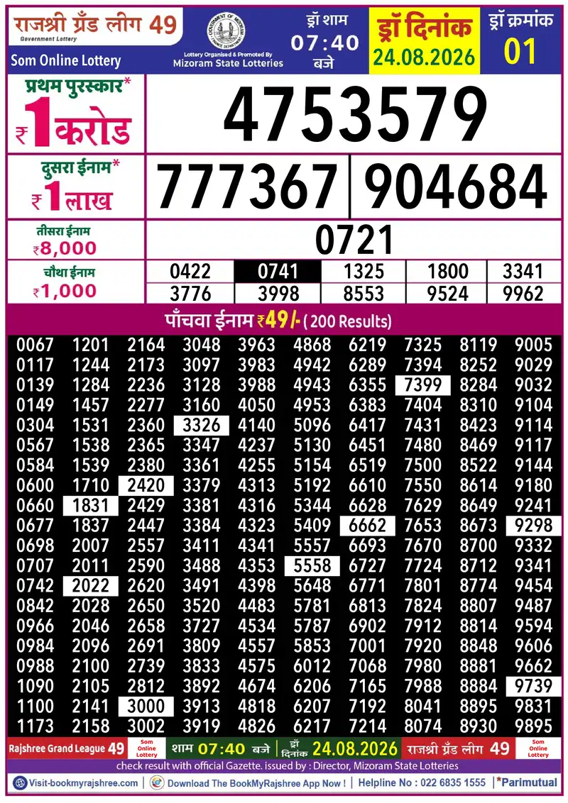 Rajshree Grand League 49 Result 24 August 2026