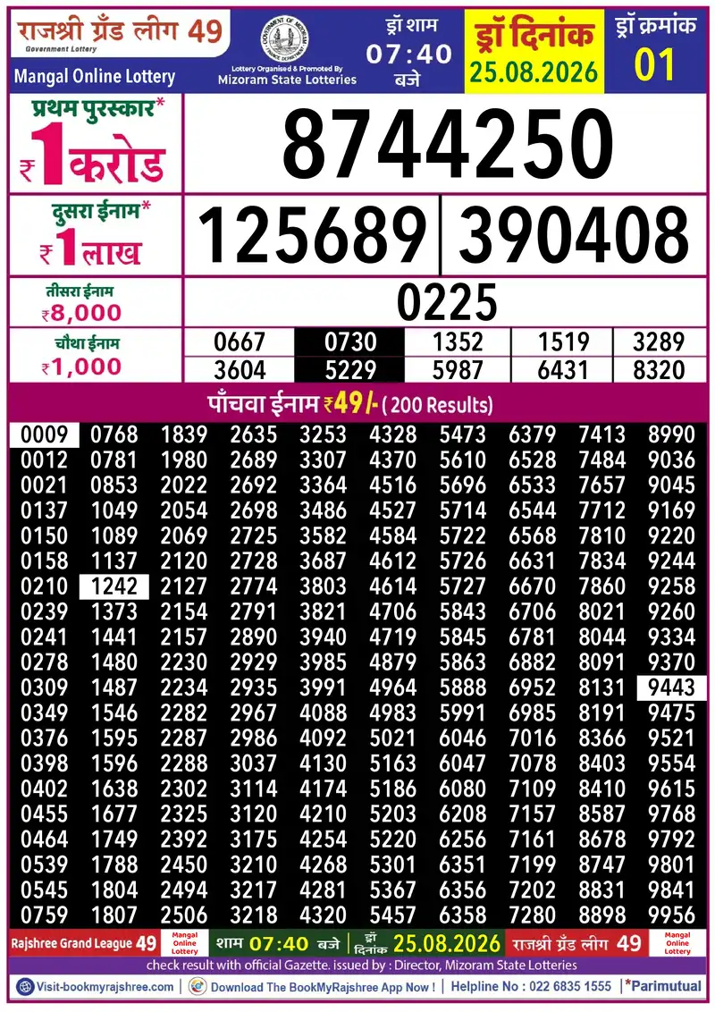 Rajshree Grand League 49 Result 25 August 2026