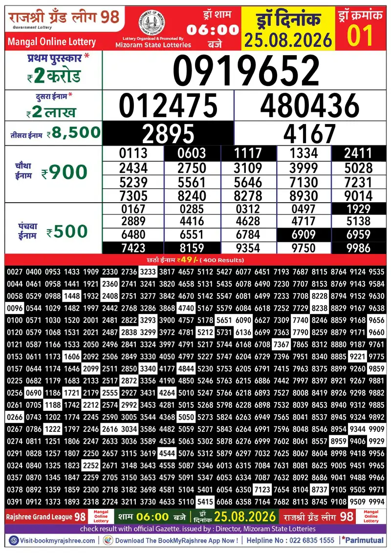 Rajshree Grand League 98 Result 25 August 2026