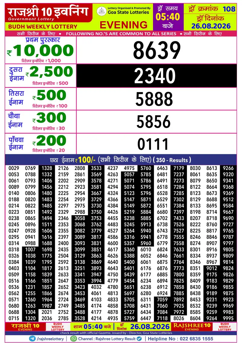 RAJSHREE 10 EVENING BUDH WEEKLY LOTTERY Result 26 August 2026