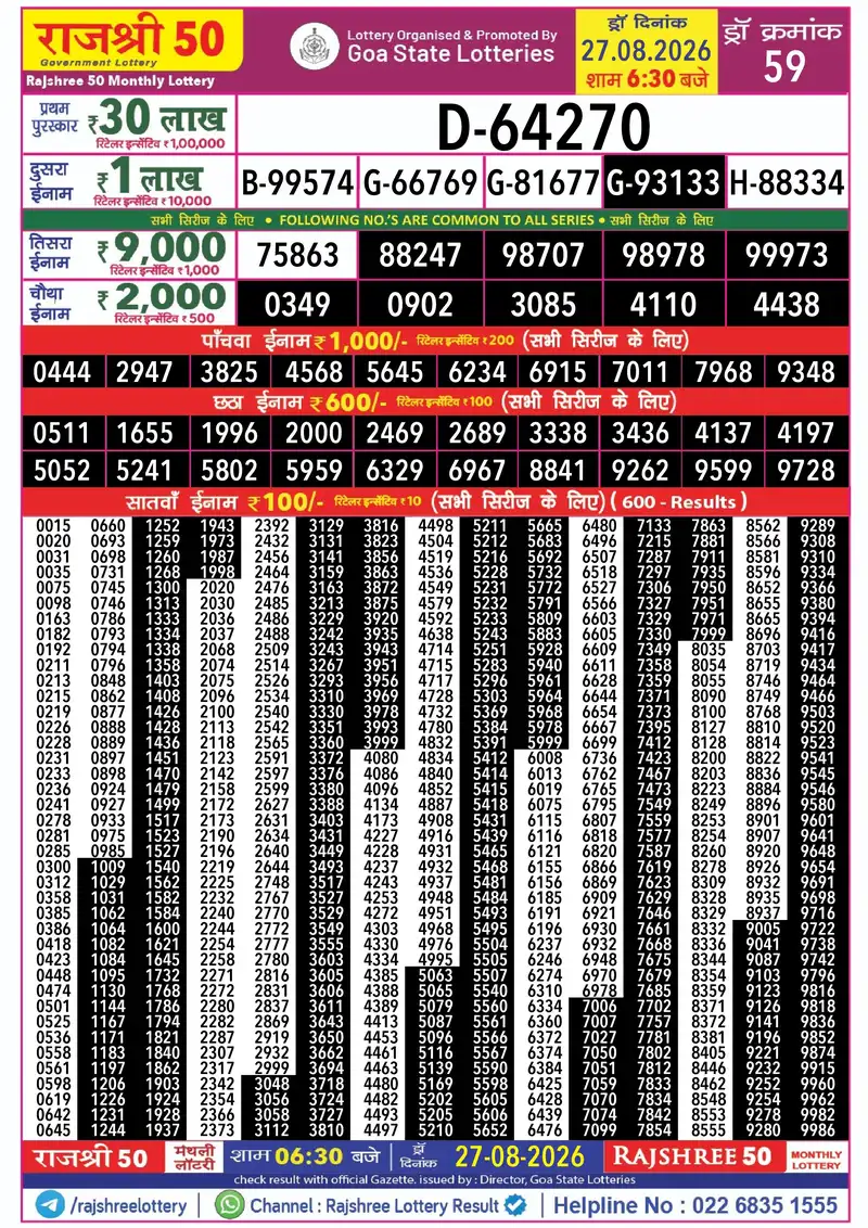 RAJSHREE 50 MONTHLY LOTTERY Result 27 August 2026