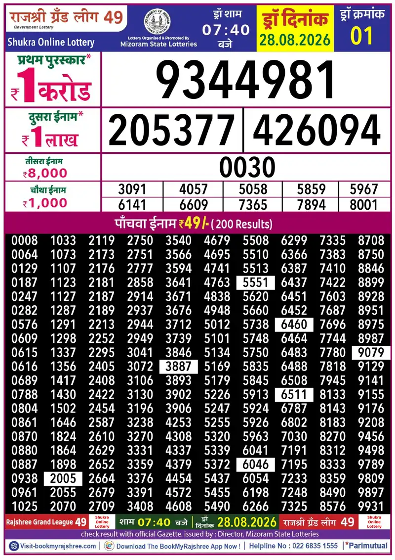 Rajshree Grand League 49 Result 28 August 2026