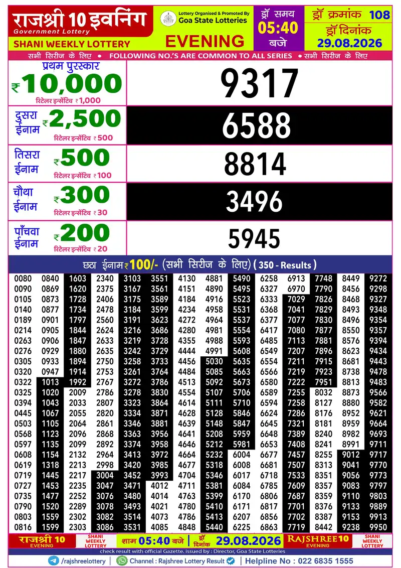 RAJSHREE 10 EVENING SHANI WEEKLY LOTTERY Result 29 August 2026