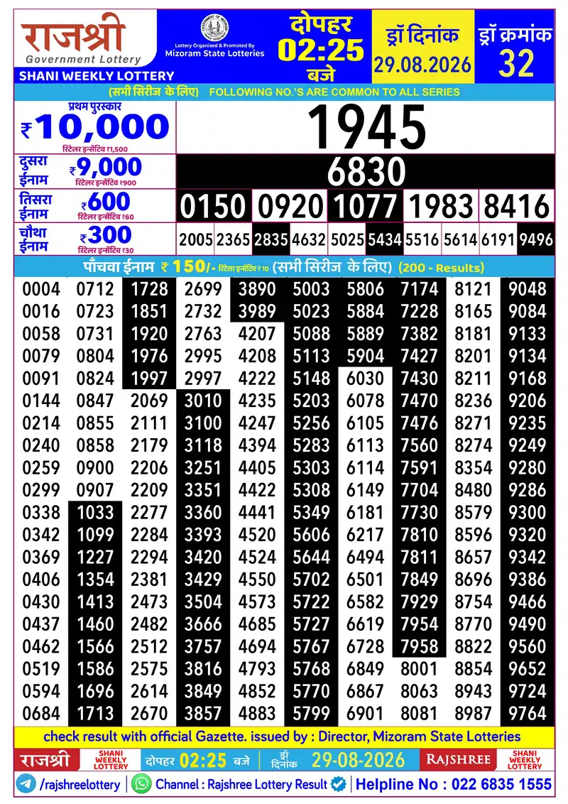 RAJSHREE SHANI WEEKLY LOTTERY Result 29 August 2026