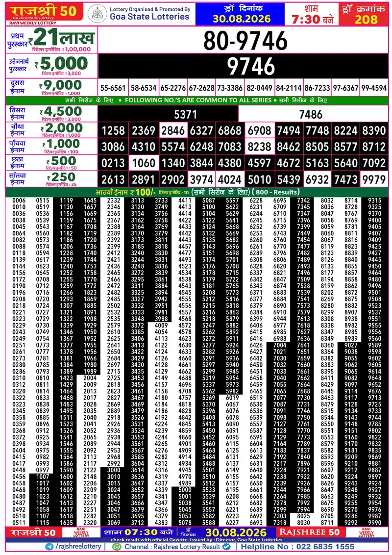 RAJSHREE 50 RAVI WEEKLY LOTTERY Result 30 August 2026