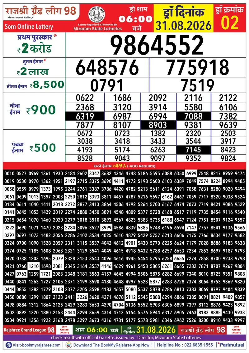 Rajshree Grand League 98 Result 31 August 2026