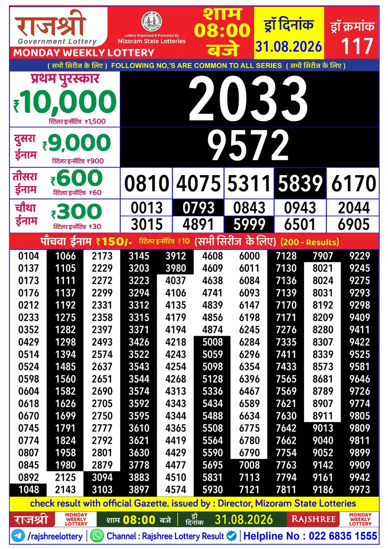 RAJSHREE MONDAY WEEKLY LOTTERY Result 31 August 2026