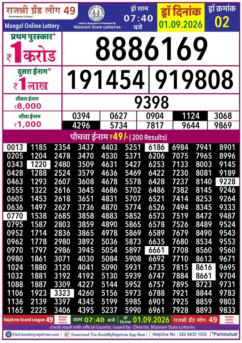 Rajshree Grand League 49 Result 01 September 2026