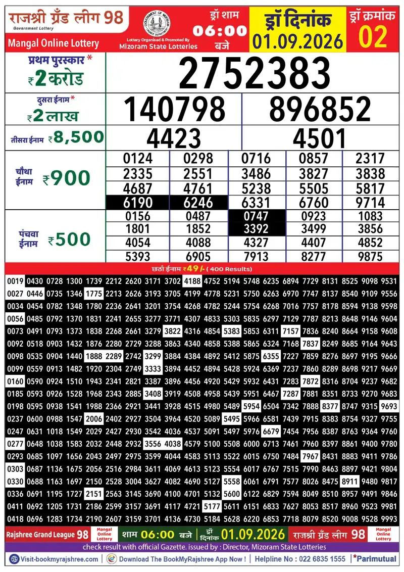 Rajshree Grand League 98 Result 01 September 2026