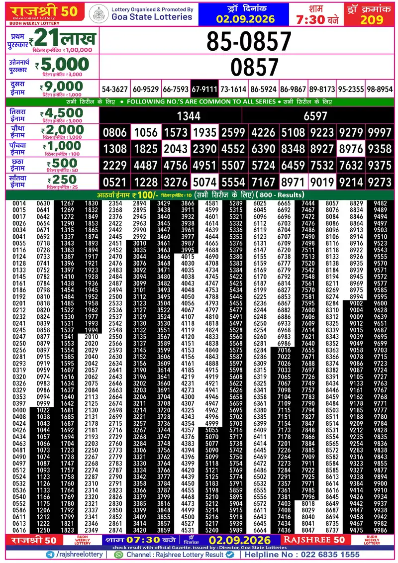 RAJSHREE 50 BUDH WEEKLY LOTTERY Result 02 September 2026