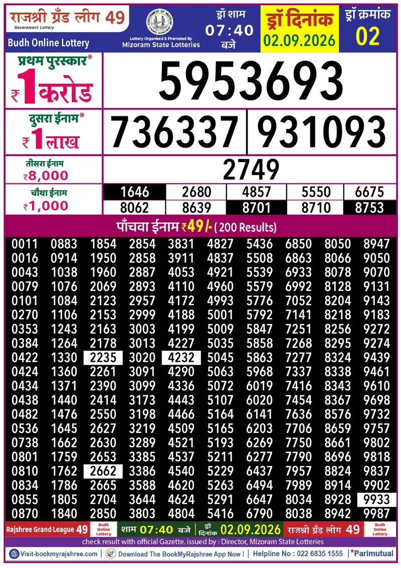 Rajshree Grand League 49 Result 02 September 2026