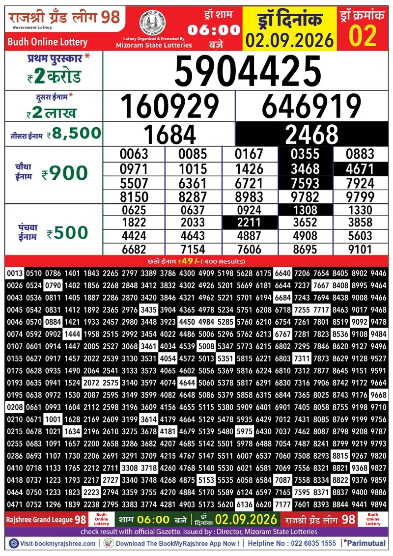 Rajshree Grand League 98 Result 02 September 2026