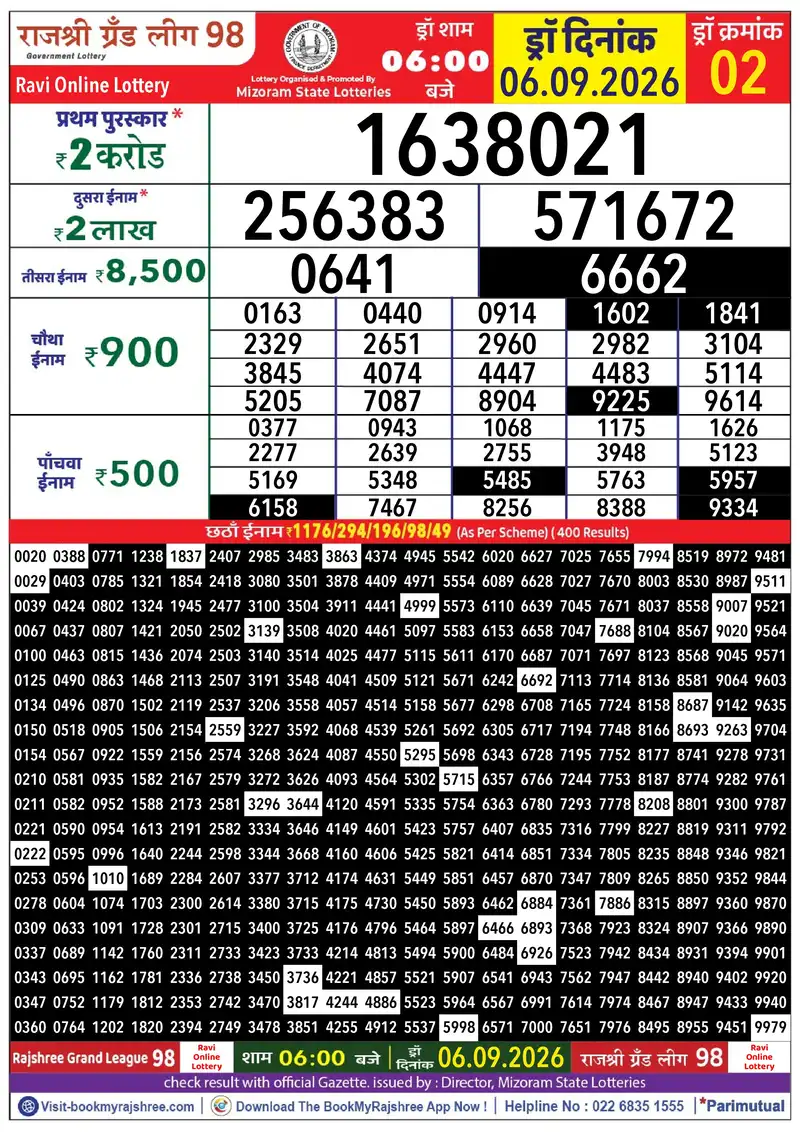 Rajshree Grand League 98 Result 06 September 2026