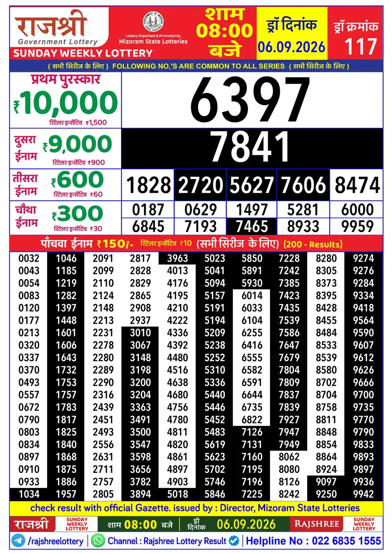 RAJSHREE SUNDAY WEEKLY LOTTERY Result 06 September 2026