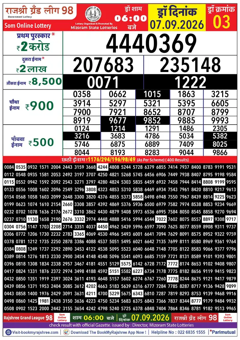 Rajshree Grand League 98 Result 07 September 2026