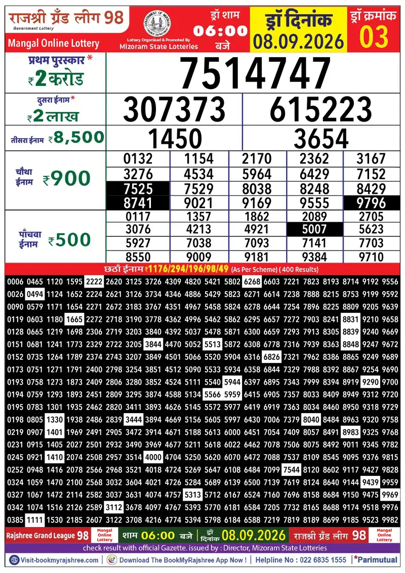 Rajshree Grand League 98 Result 08 September 2026