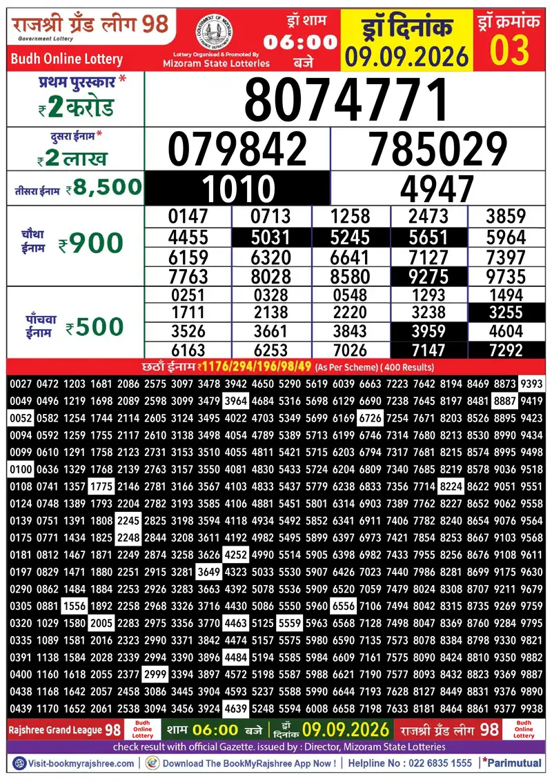 Rajshree Grand League 98 Result 09 September 2026