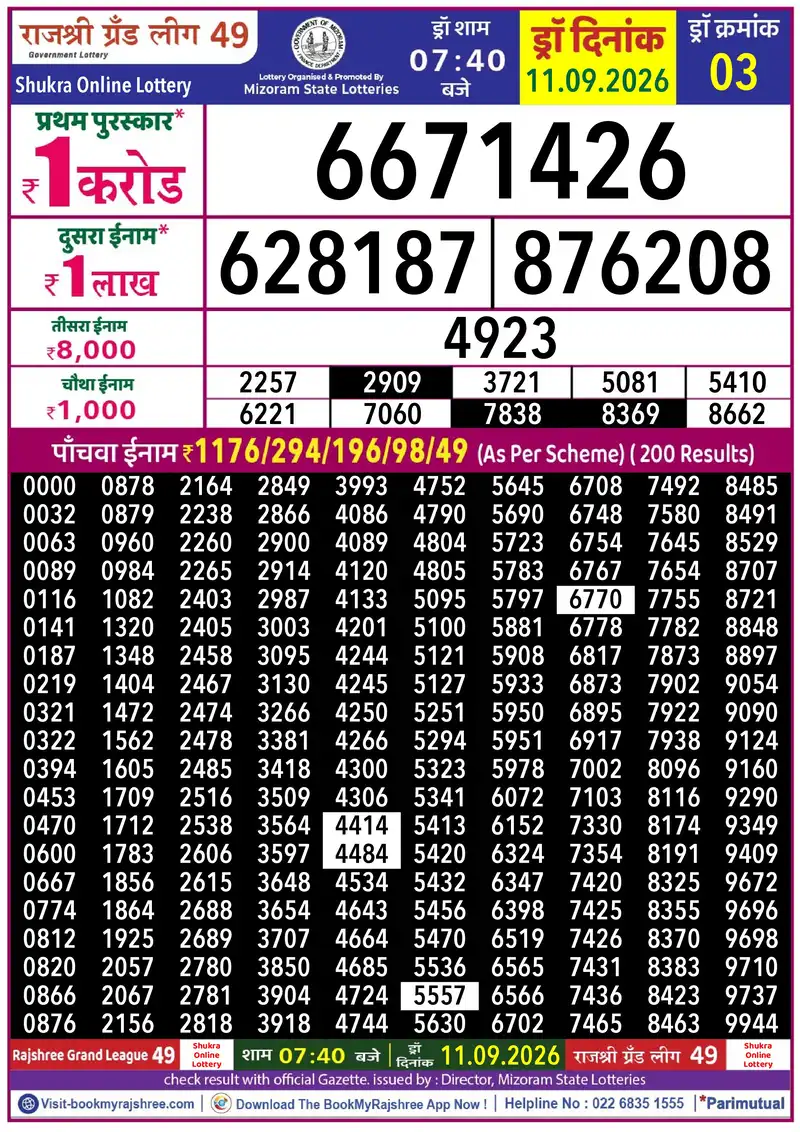Rajshree Grand League 49 Result 11 September 2026