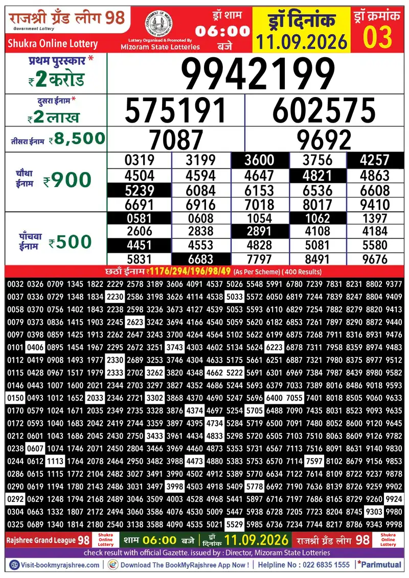 Rajshree Grand League 98 Result 11 September 2026