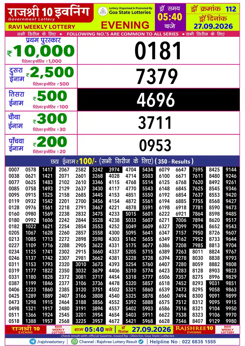 RAJSHREE 10 EVENING RAVI WEEKLY LOTTERY Result 27 September 2026