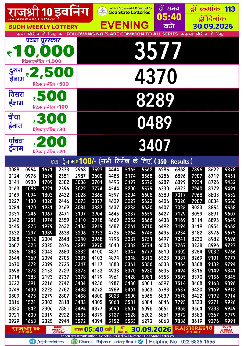 RAJSHREE 10 EVENING BUDH WEEKLY LOTTERY Result 30 September 2026