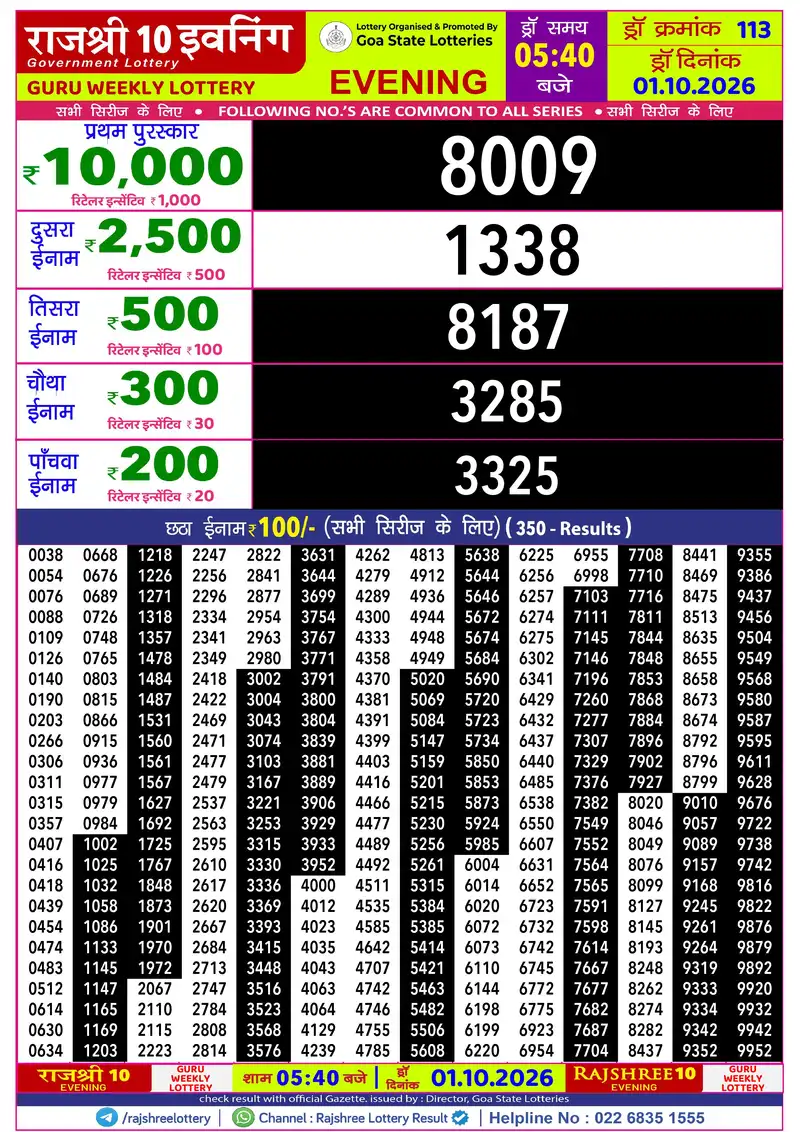 RAJSHREE 10 EVENING GURU WEEKLY LOTTERY Result 01 October 2026