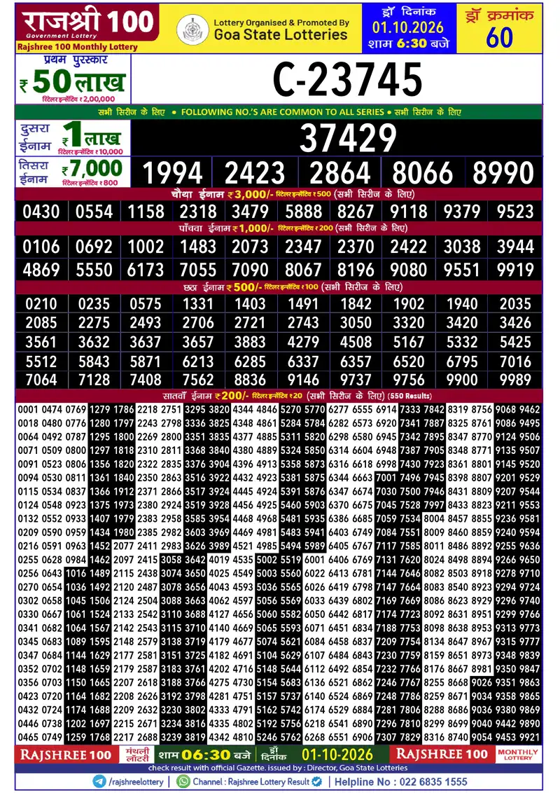 RAJSHREE 100 MONTHLY LOTTERY Result 01 October 2026