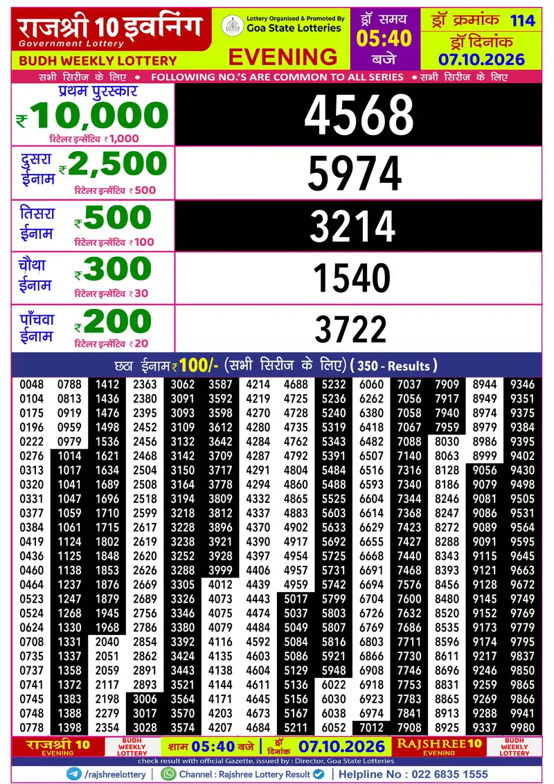RAJSHREE 10 EVENING BUDH WEEKLY LOTTERY Result 07 October 2026
