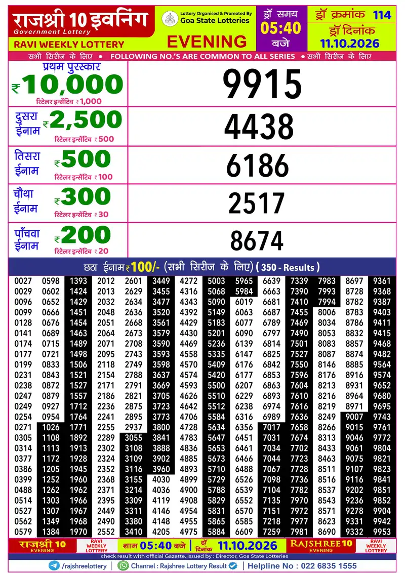 RAJSHREE 10 EVENING RAVI WEEKLY LOTTERY Result 11 October 2026