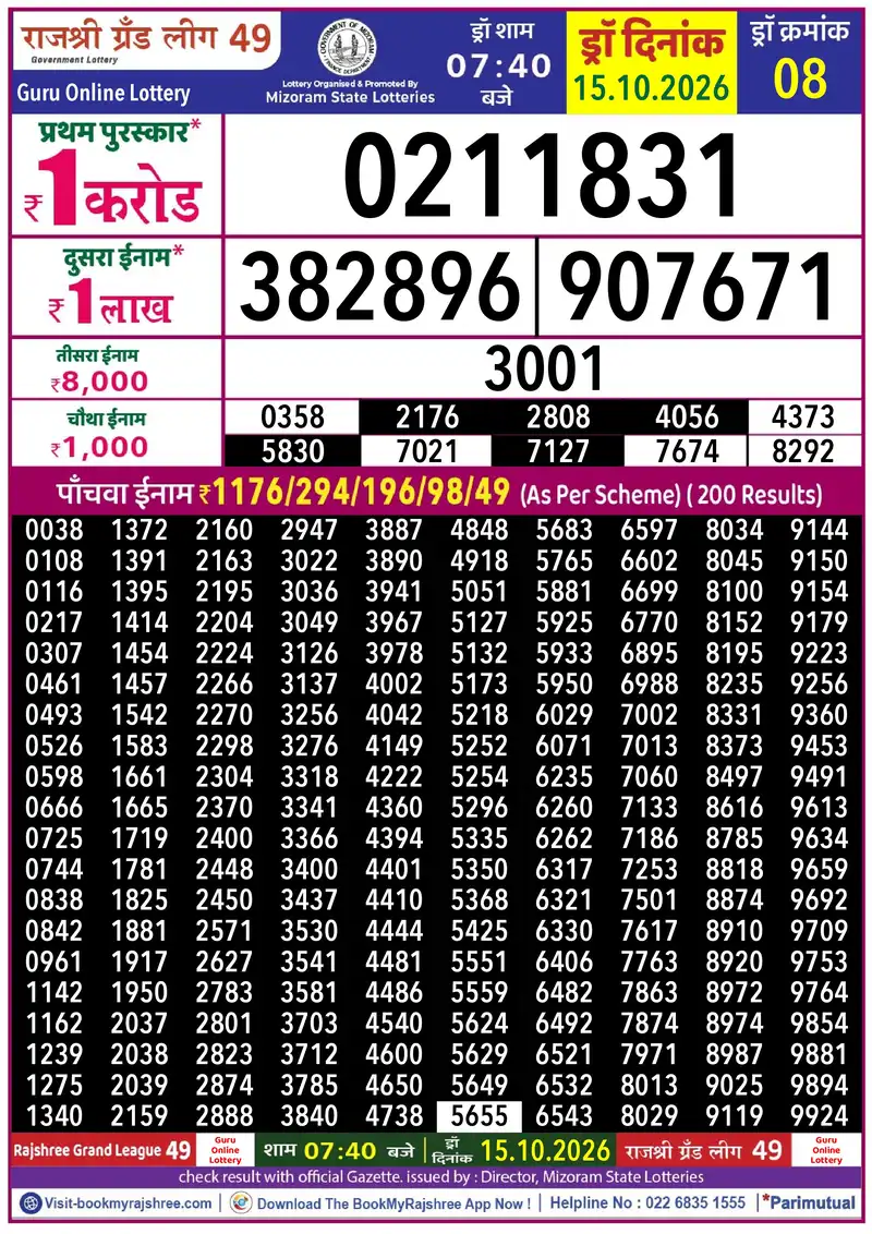 Rajshree Grand League 49 Result 15 October 2026