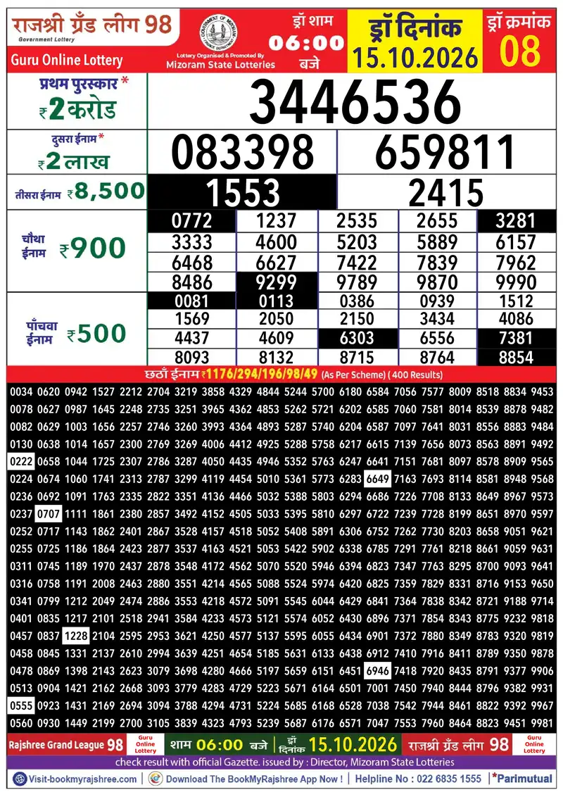 Rajshree Grand League 98 Result 15 October 2026