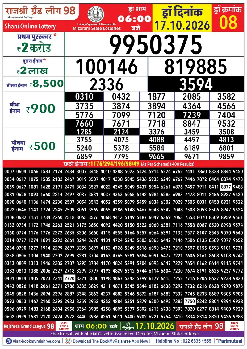 Rajshree Grand League 98 Result 17 October 2026