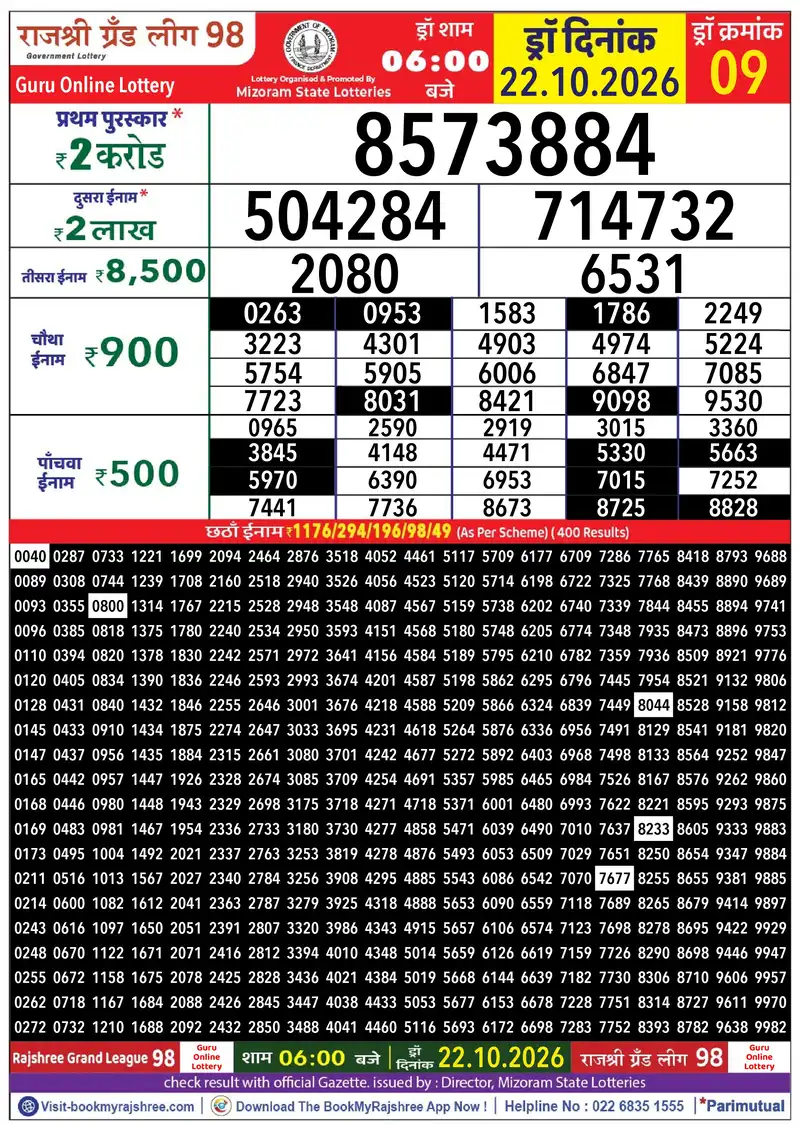 Rajshree Grand League 98 Result 22 October 2026