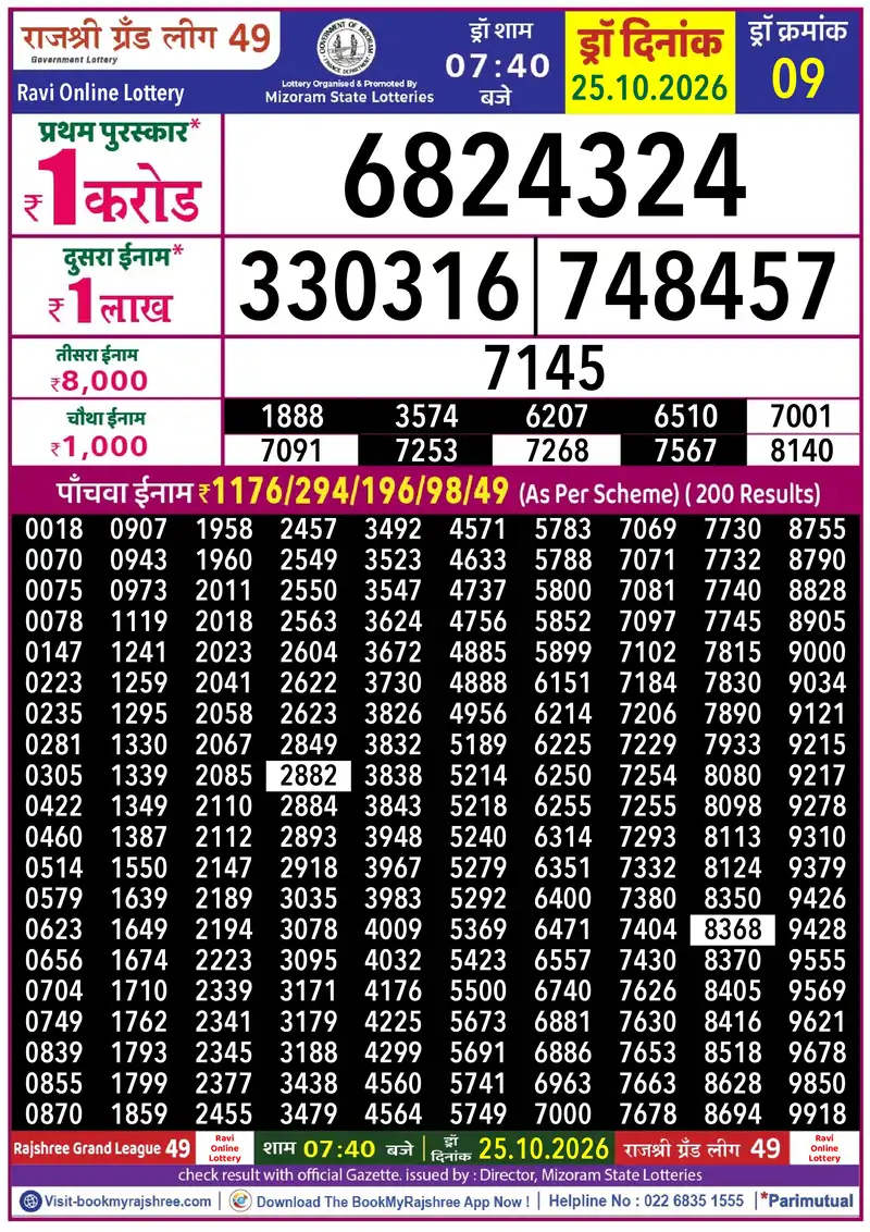 Rajshree Grand League 49 Result 25 October 2026