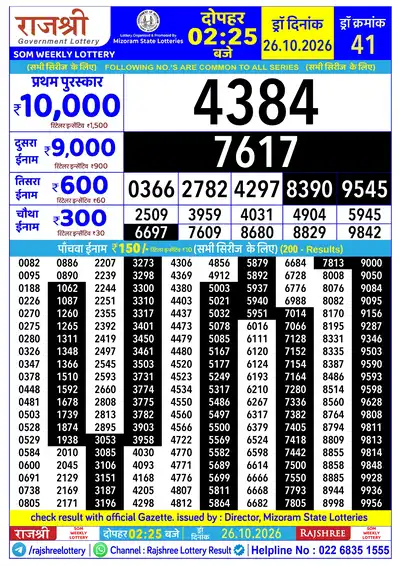 RAJSHREE SOM WEEKLY LOTTERY Result 26 October 2026