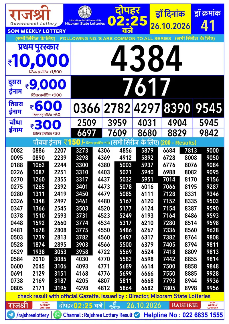 RAJSHREE SOM WEEKLY LOTTERY Result 26 October 2026