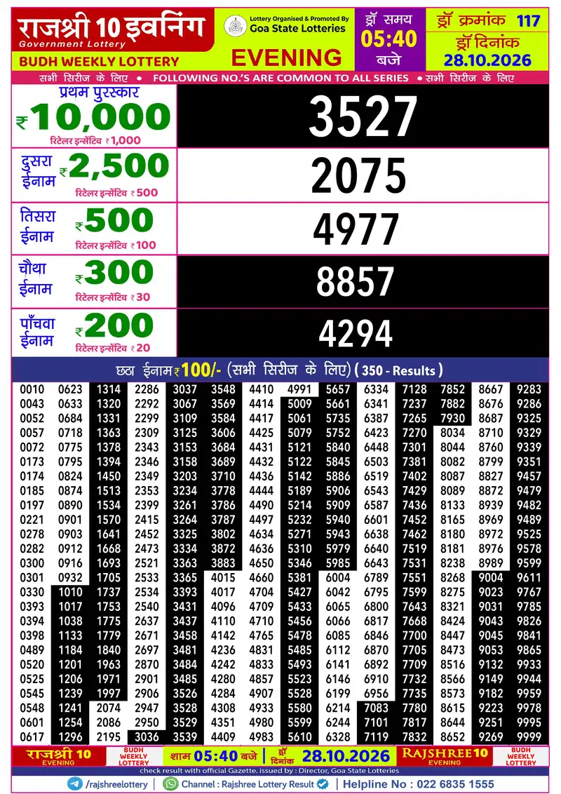 RAJSHREE 10 EVENING BUDH WEEKLY LOTTERY Result 28 October 2026