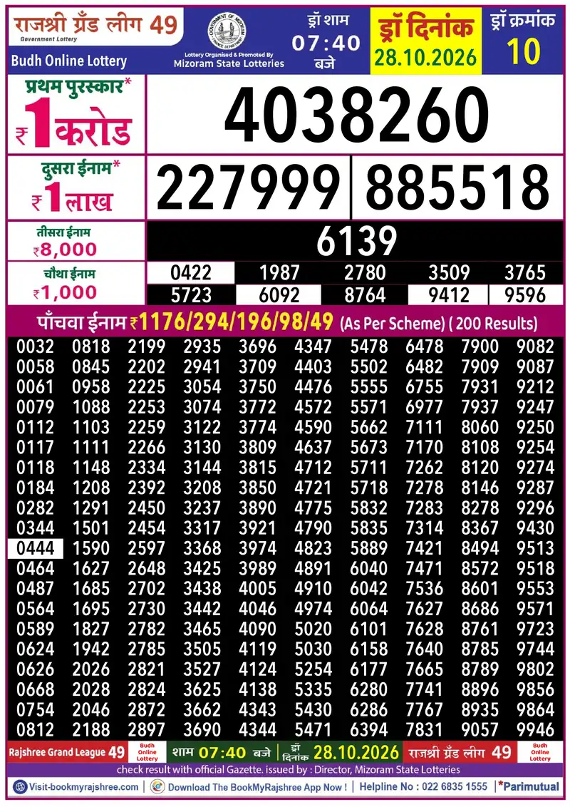 Rajshree Grand League 49 Result 28 October 2026