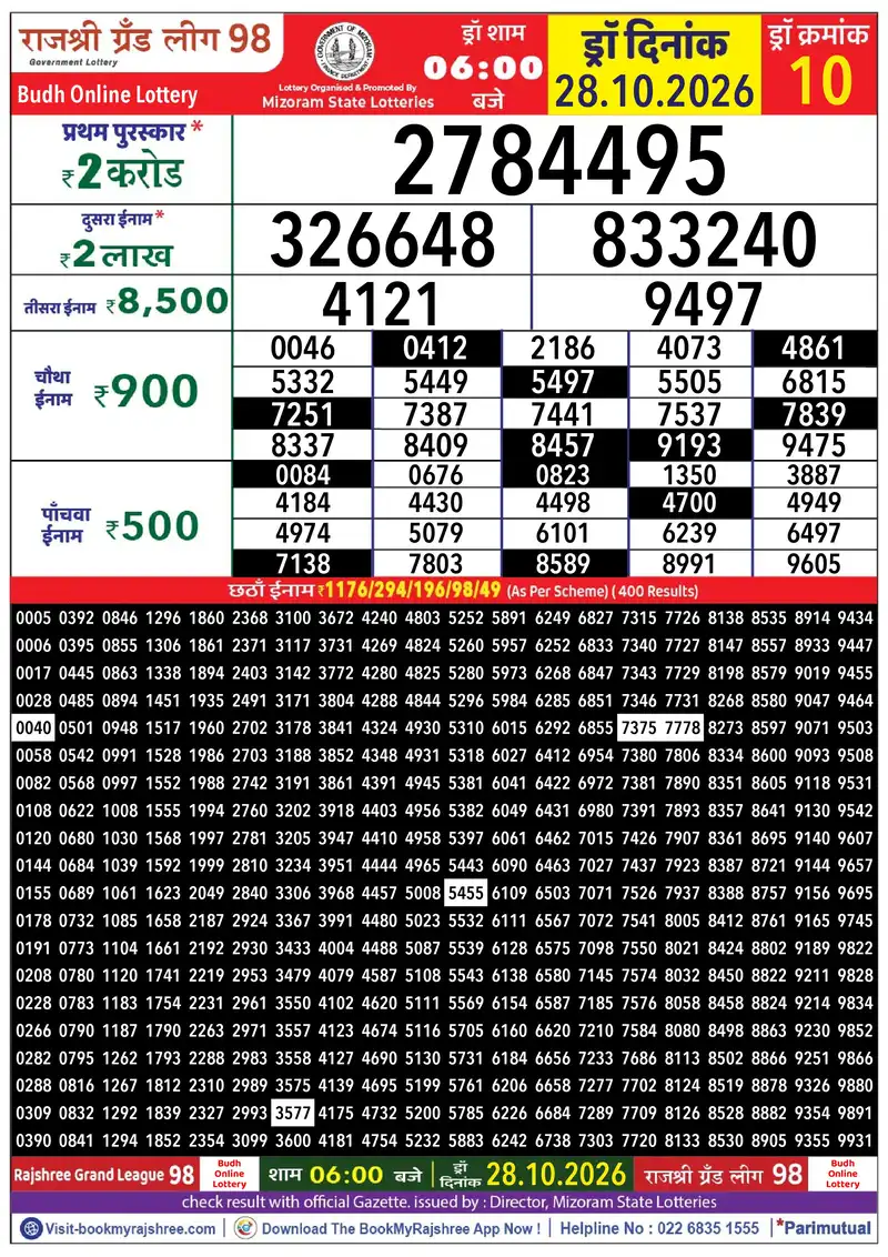 Rajshree Grand League 98 Result 28 October 2026