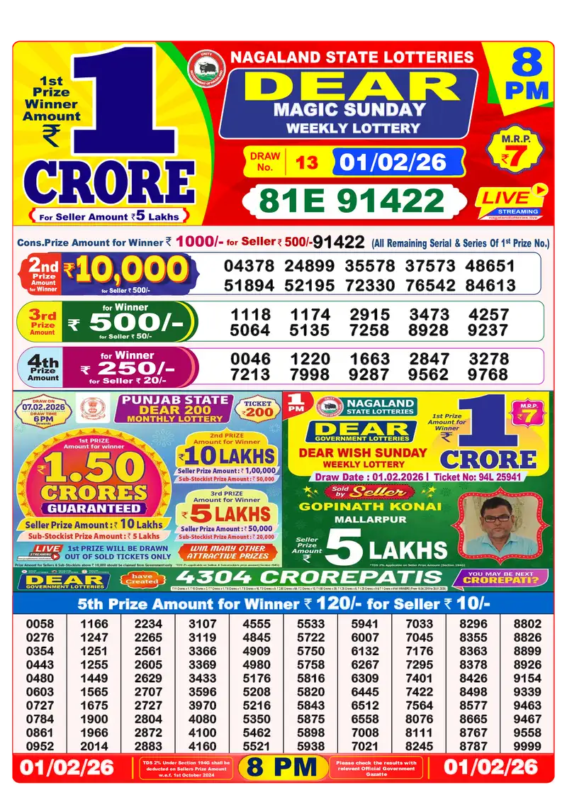 Lottery Sambad 01.02.26 8PM Result