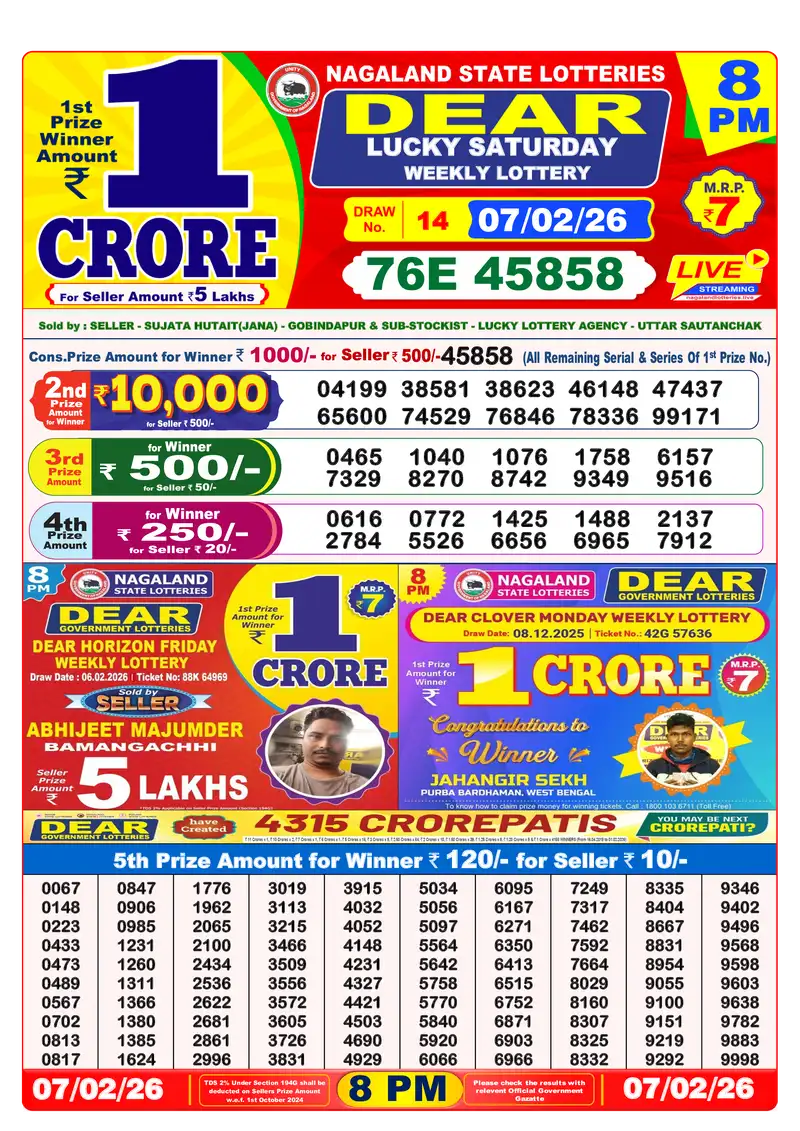 Lottery Sambad 07.02.26 8PM Result
