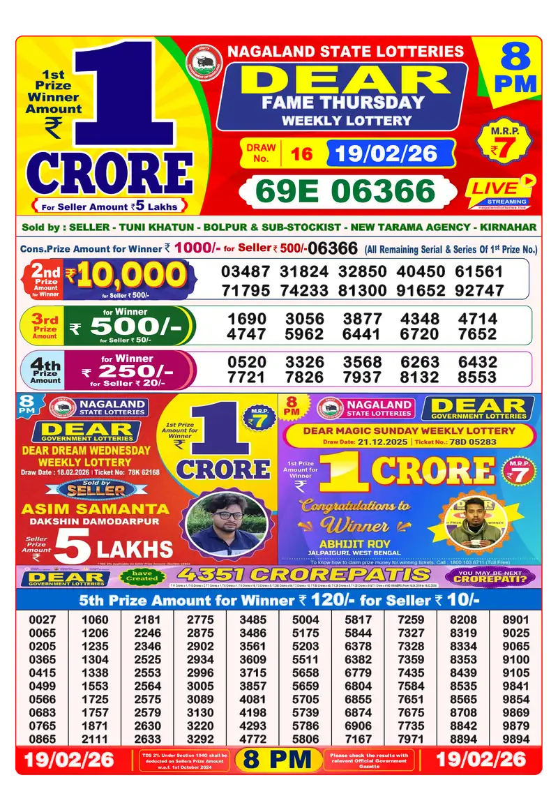 Lottery Sambad 19.02.26 8PM Result